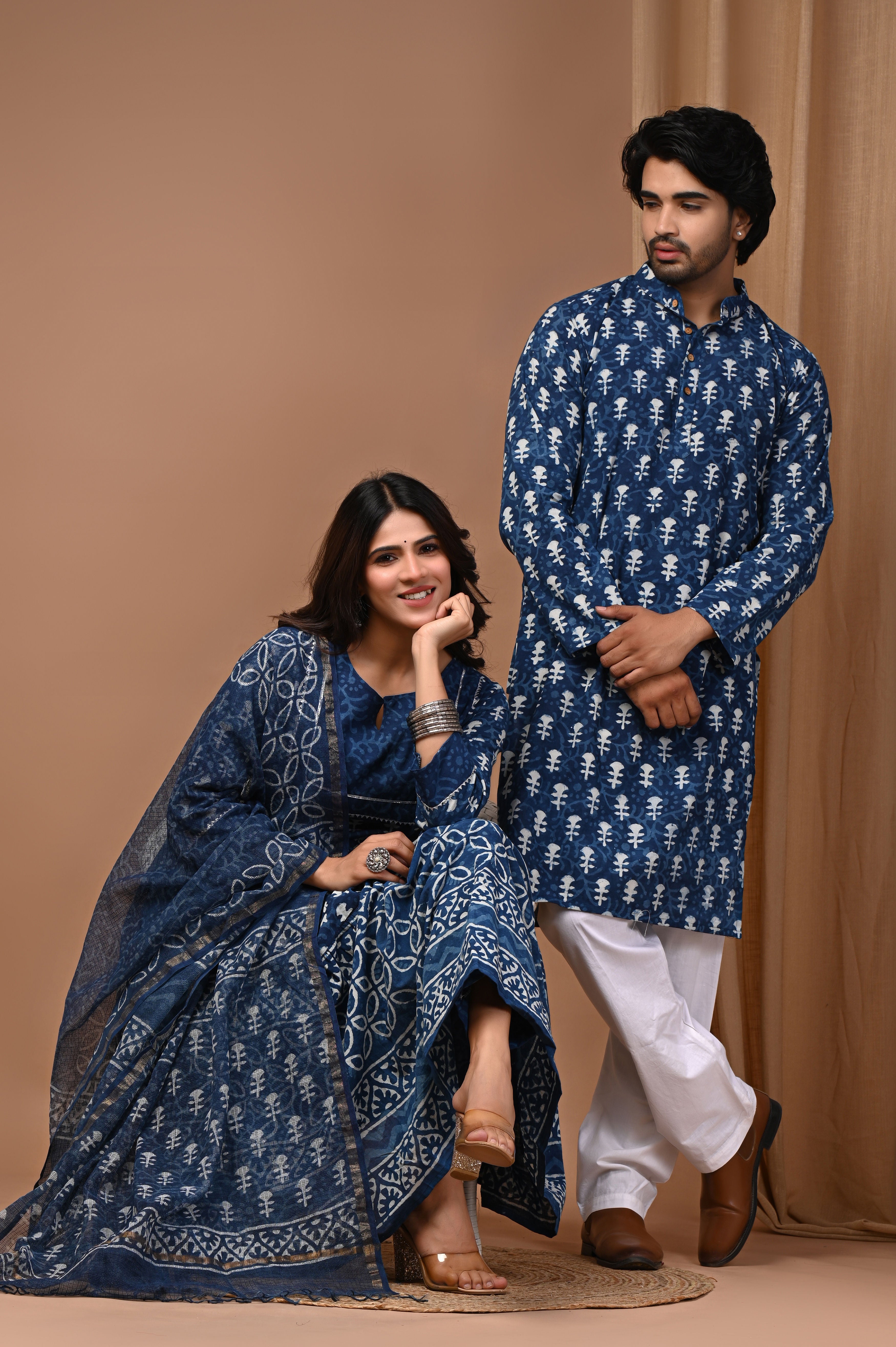 Indigo Blue Hand Block Print Anarkali Suit & Kurta Matching Combo