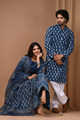 Indigo Blue Hand Block Print Anarkali Suit & Kurta Matching Combo