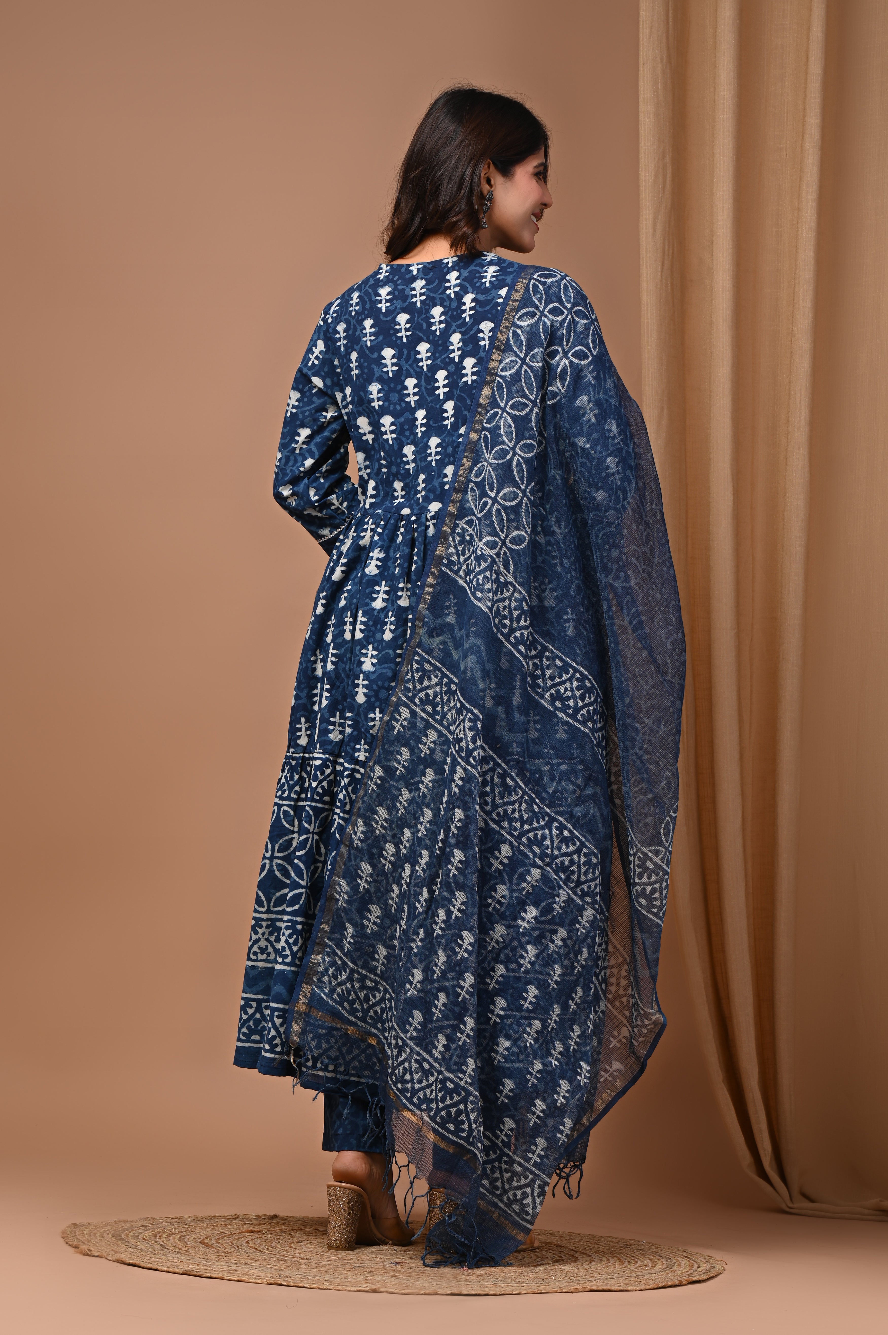 Pure Hand Block Printed Designer Anarkali with Kota Doriya Dupatta