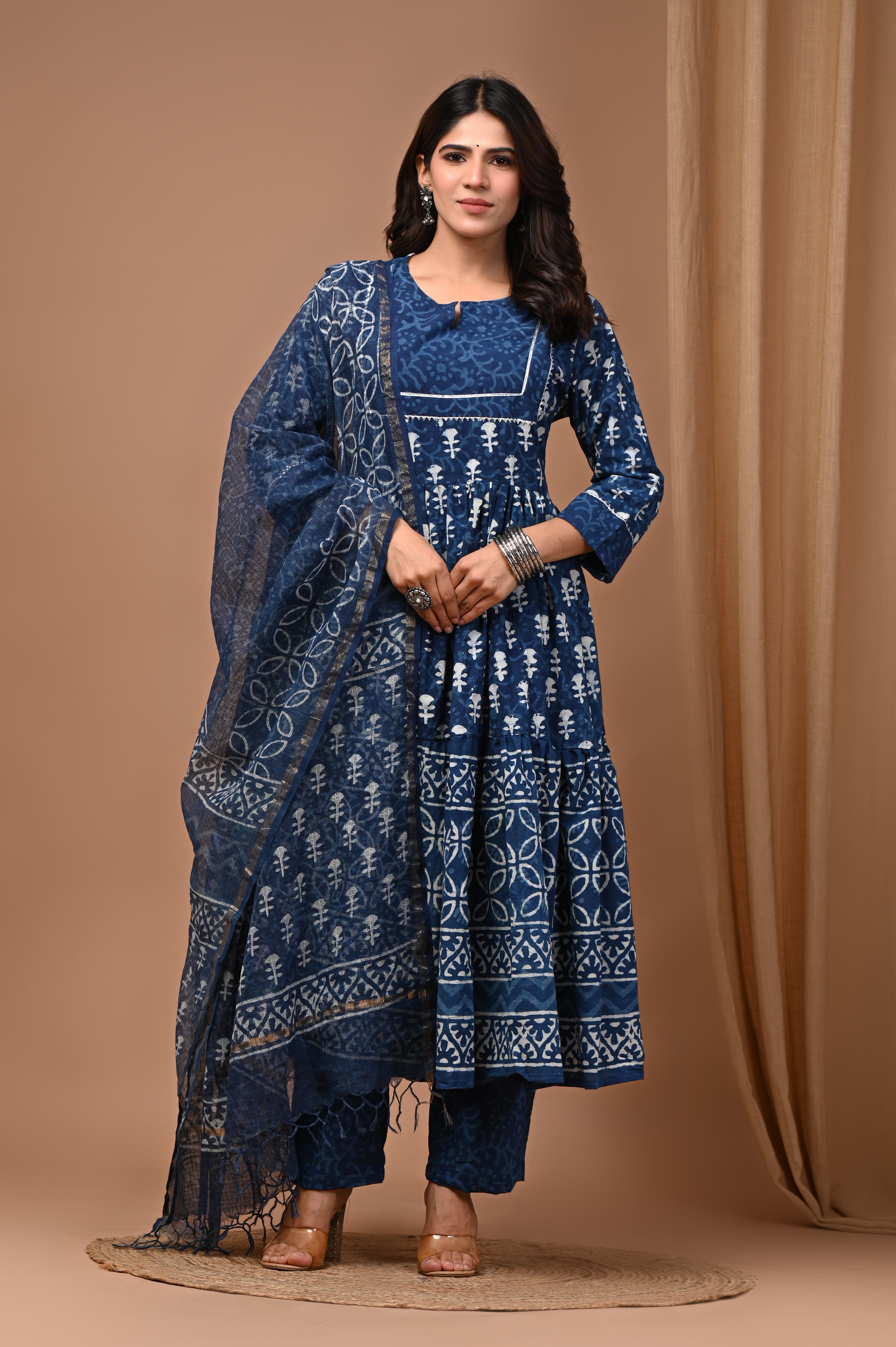 Pure Hand Block Printed Designer Anarkali with Kota Doriya Dupatta