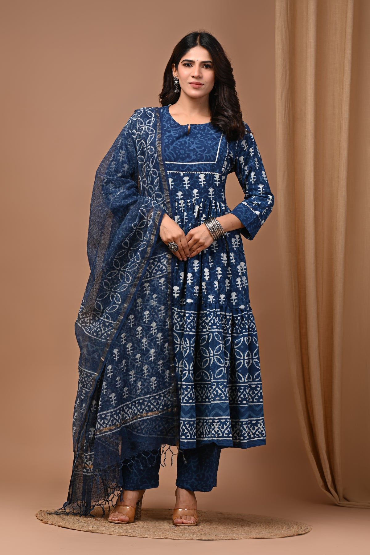 Pure Hand Block Printed Designer Anarkali with Kota Doriya Dupatta