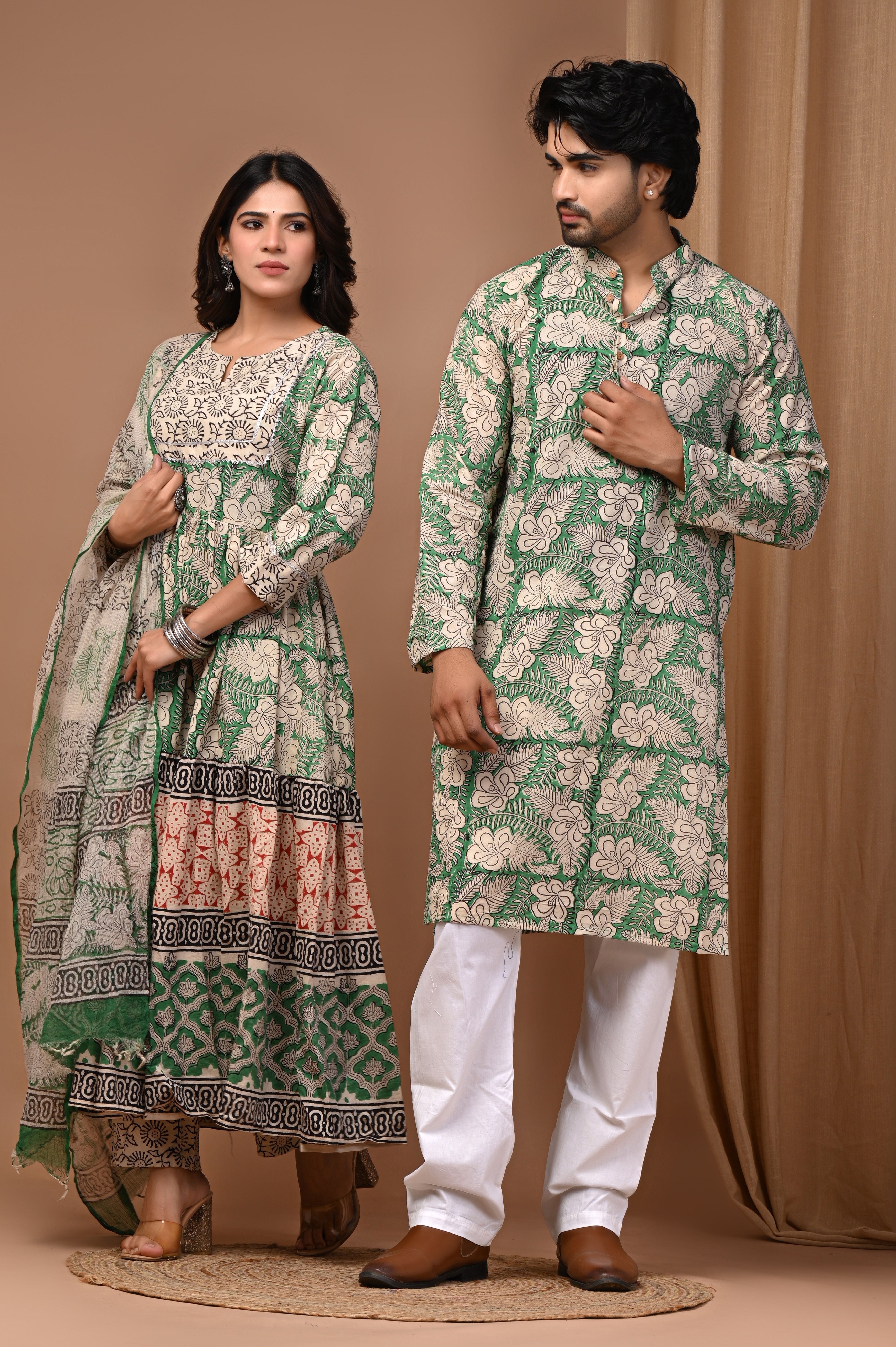 Sage Green & Off-White Floral Block Print Couple Set