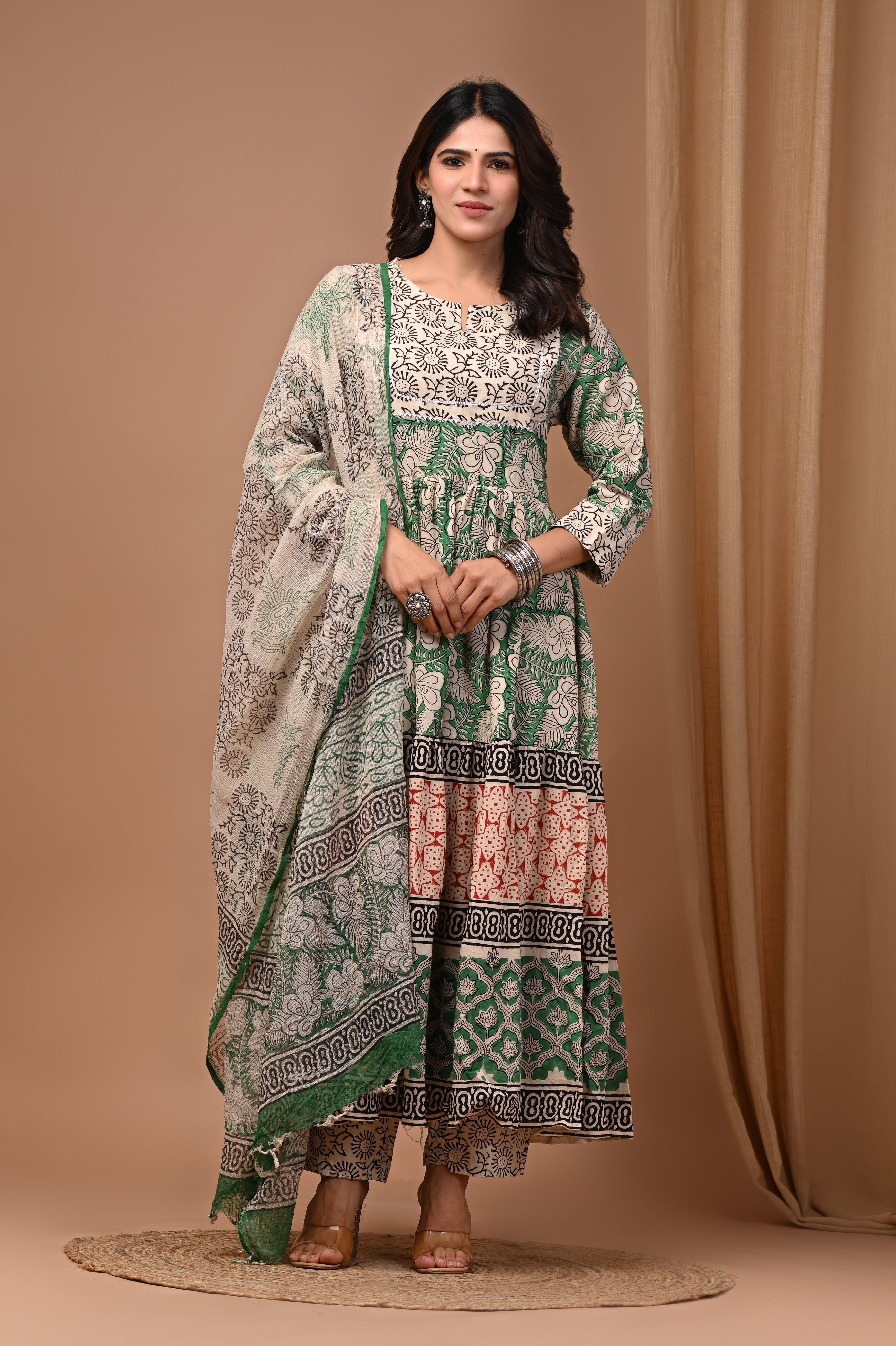 Pure Hand Block Printed Designer Anarkali with Kota Doriya Dupatta