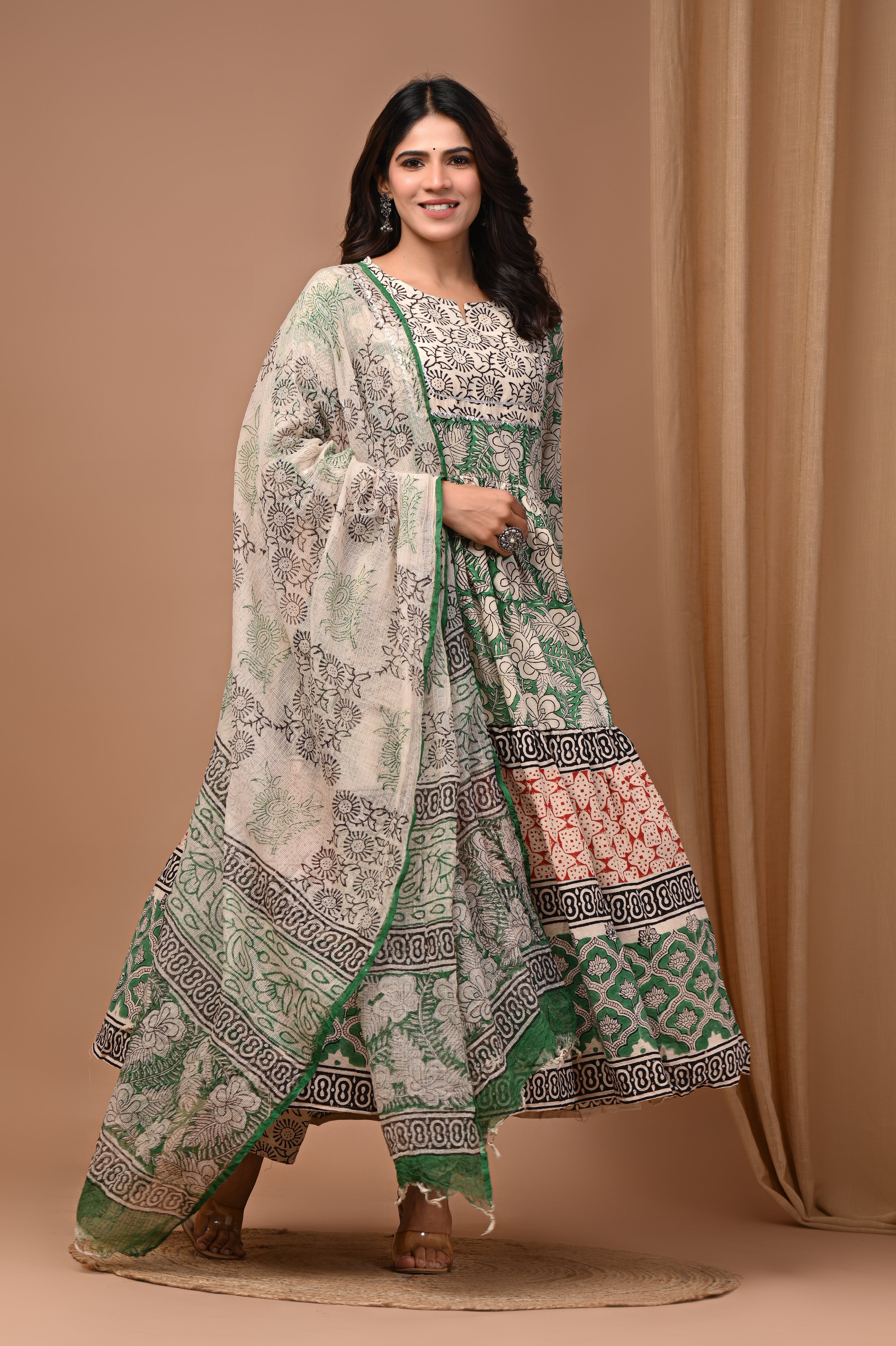 Pure Hand Block Printed Designer Anarkali with Kota Doriya Dupatta