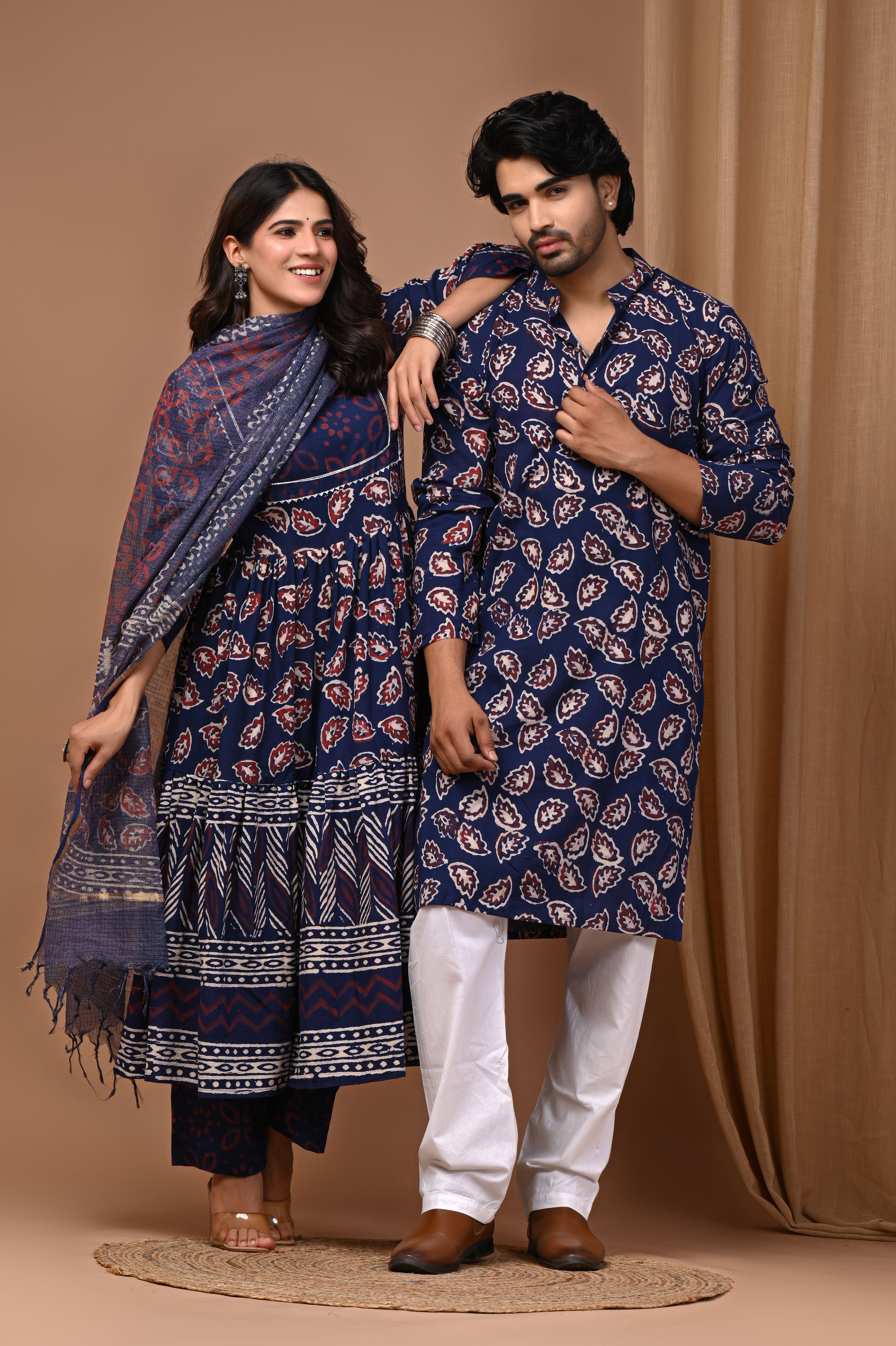 Navy Blue Paisley Block Print Anarkali & Kurta Couple Set