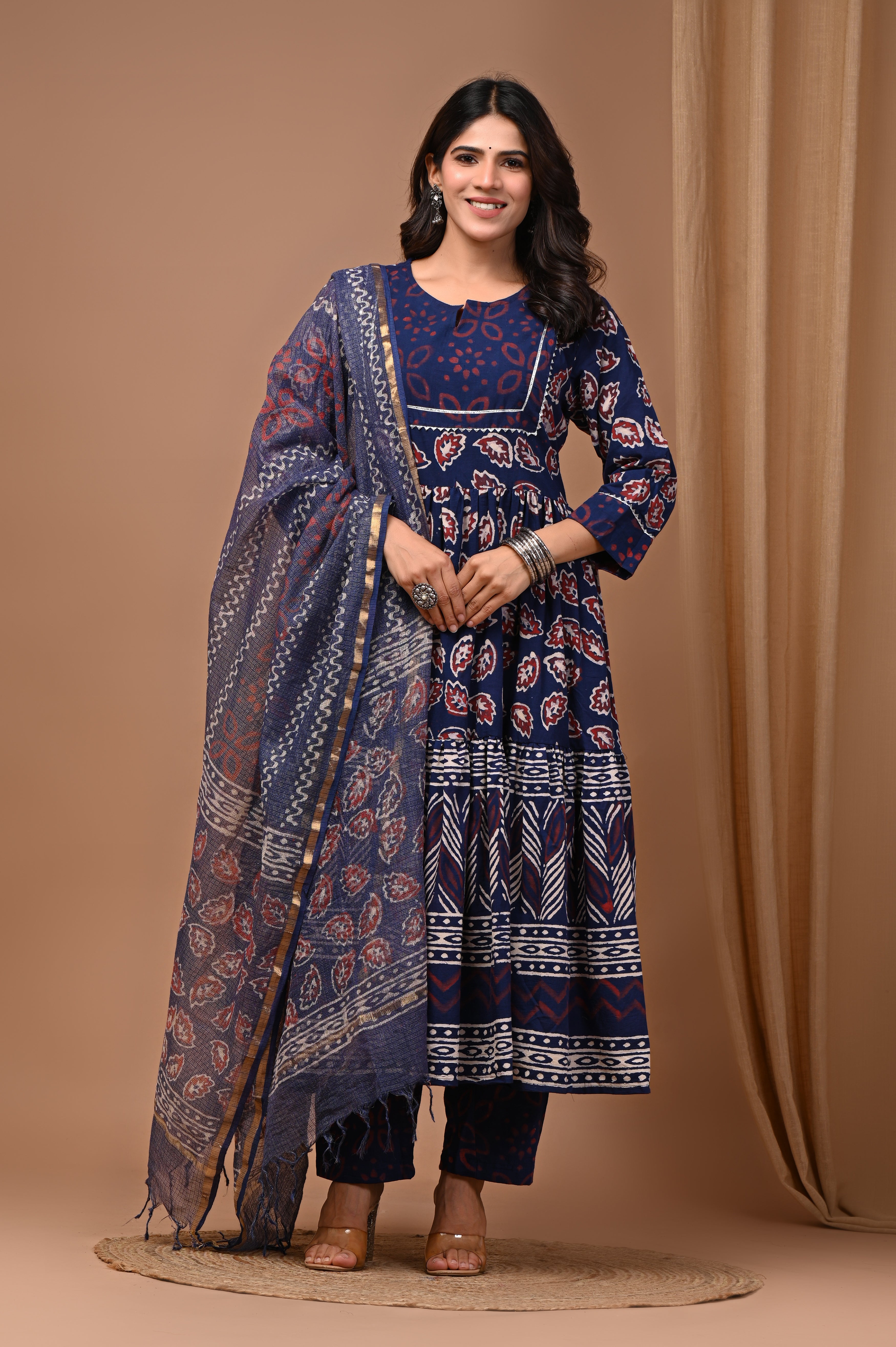 Pure Hand Block Printed Designer Anarkali with Kota Doriya Dupatta