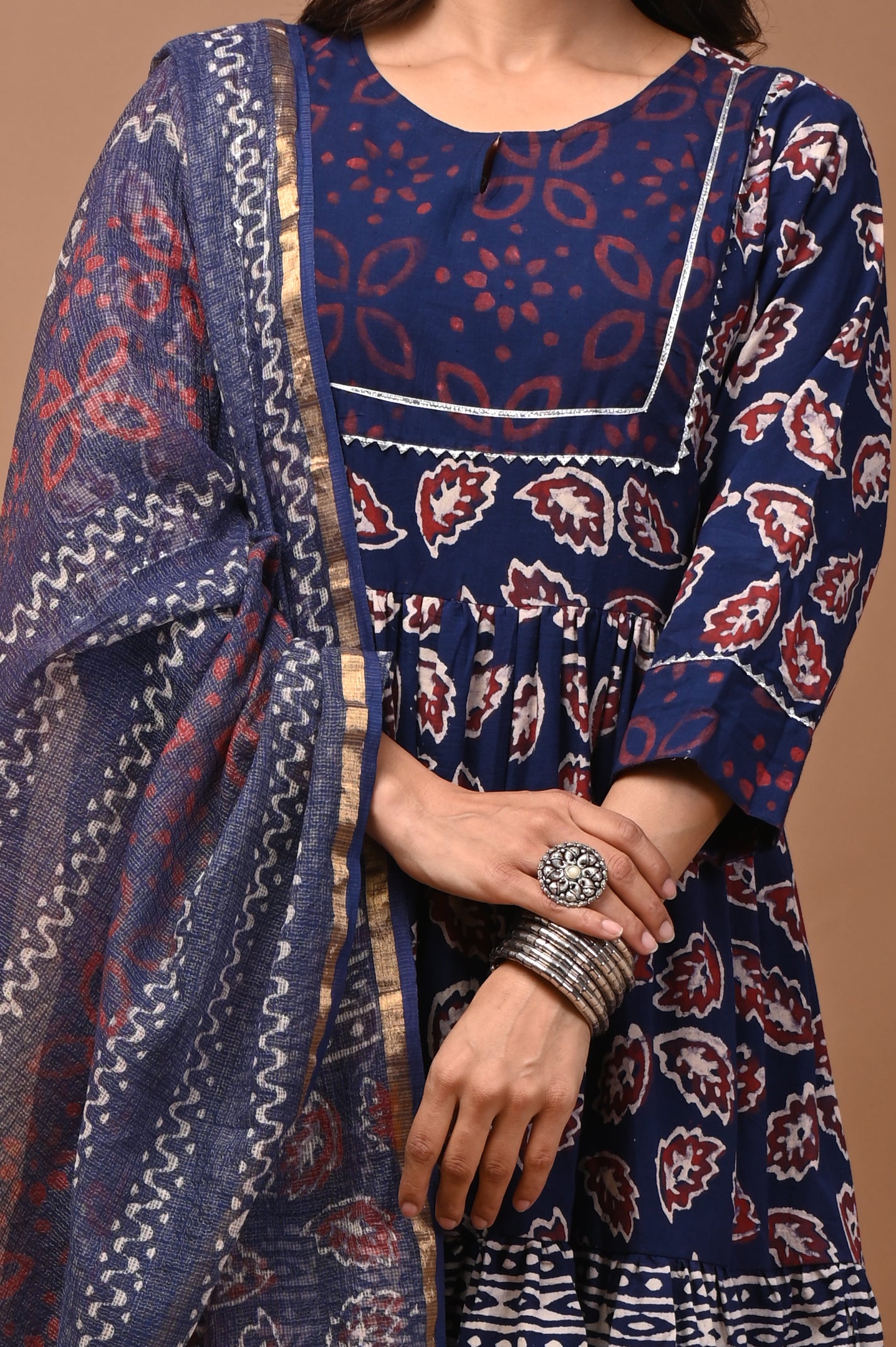 Pure Hand Block Printed Designer Anarkali with Kota Doriya Dupatta