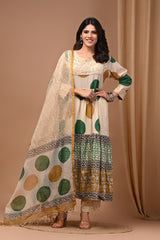 Pure Hand Block Printed Designer Anarkali with Kota Doriya Dupatta