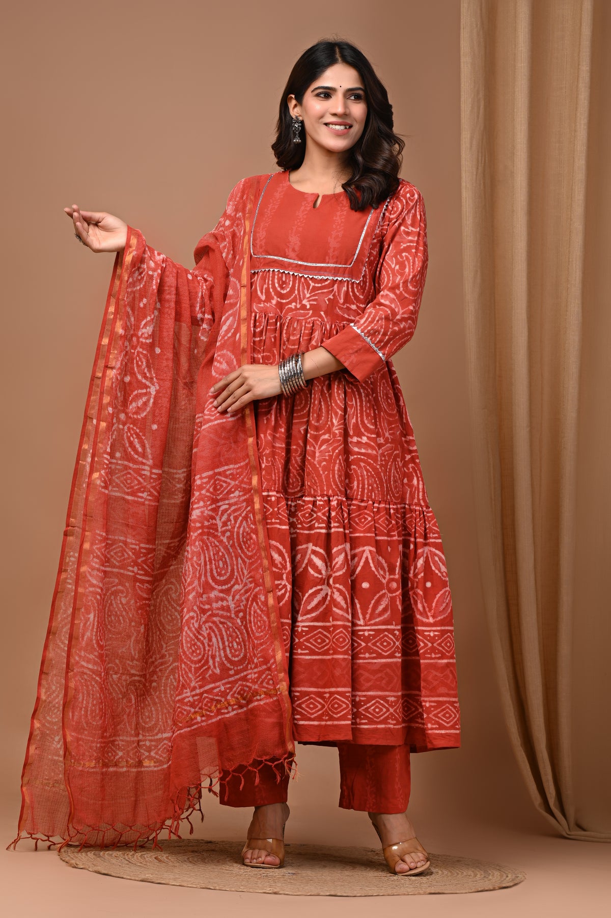 Pure Hand Block Printed Designer Anarkali with Kota Doriya Dupatta