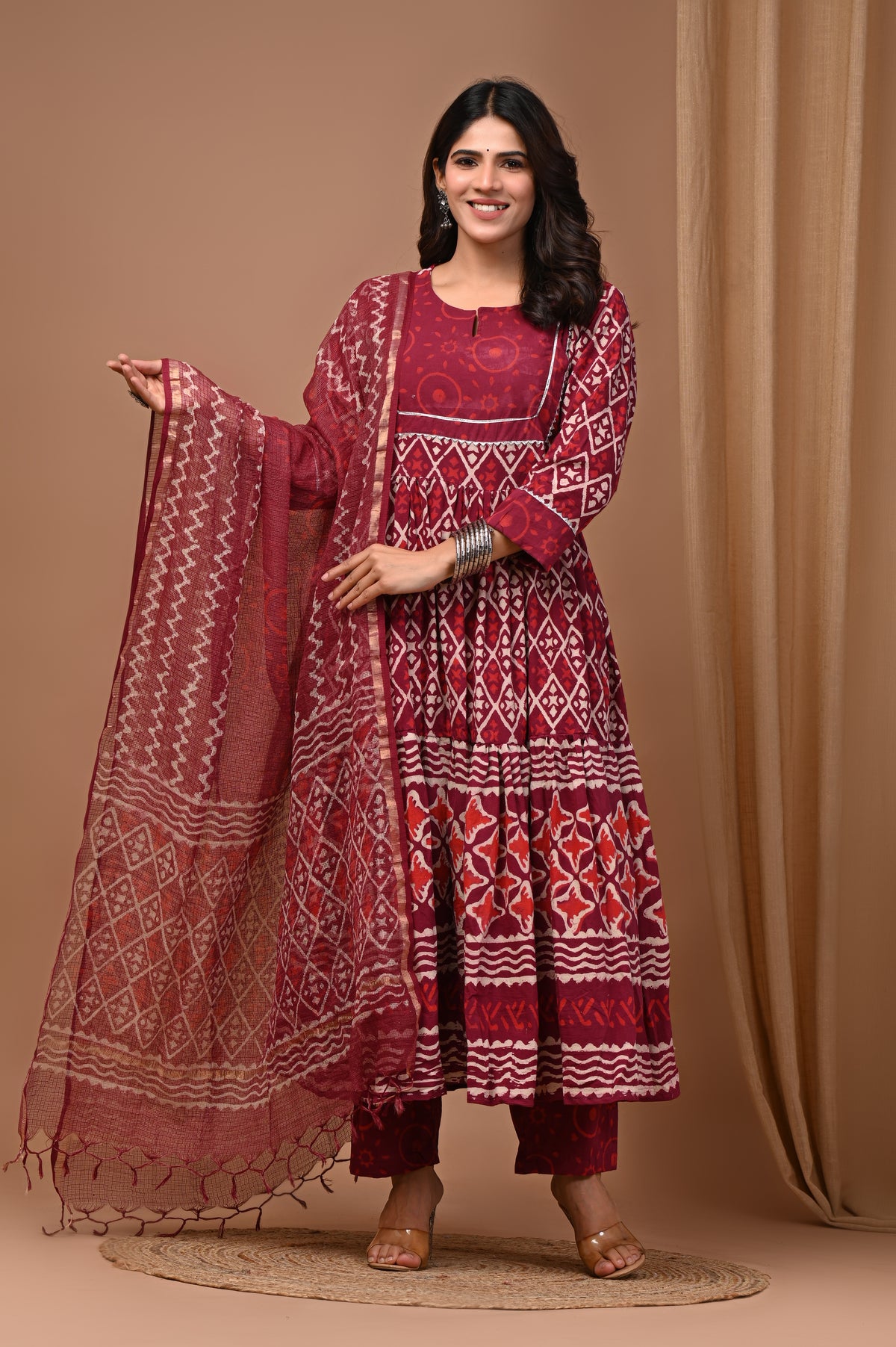 Pure Hand Block Printed Designer Anarkali with Kota Doriya Dupatta