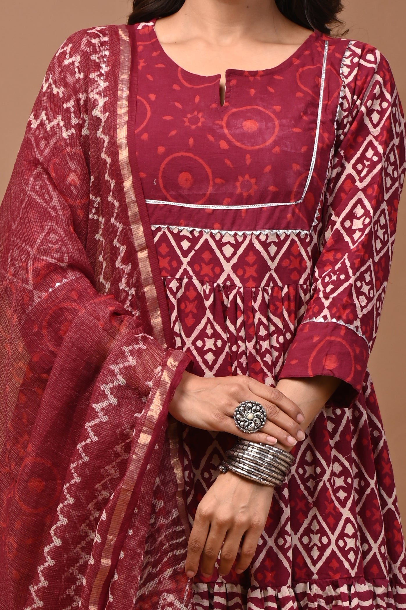 Pure Hand Block Printed Designer Anarkali with Kota Doriya Dupatta