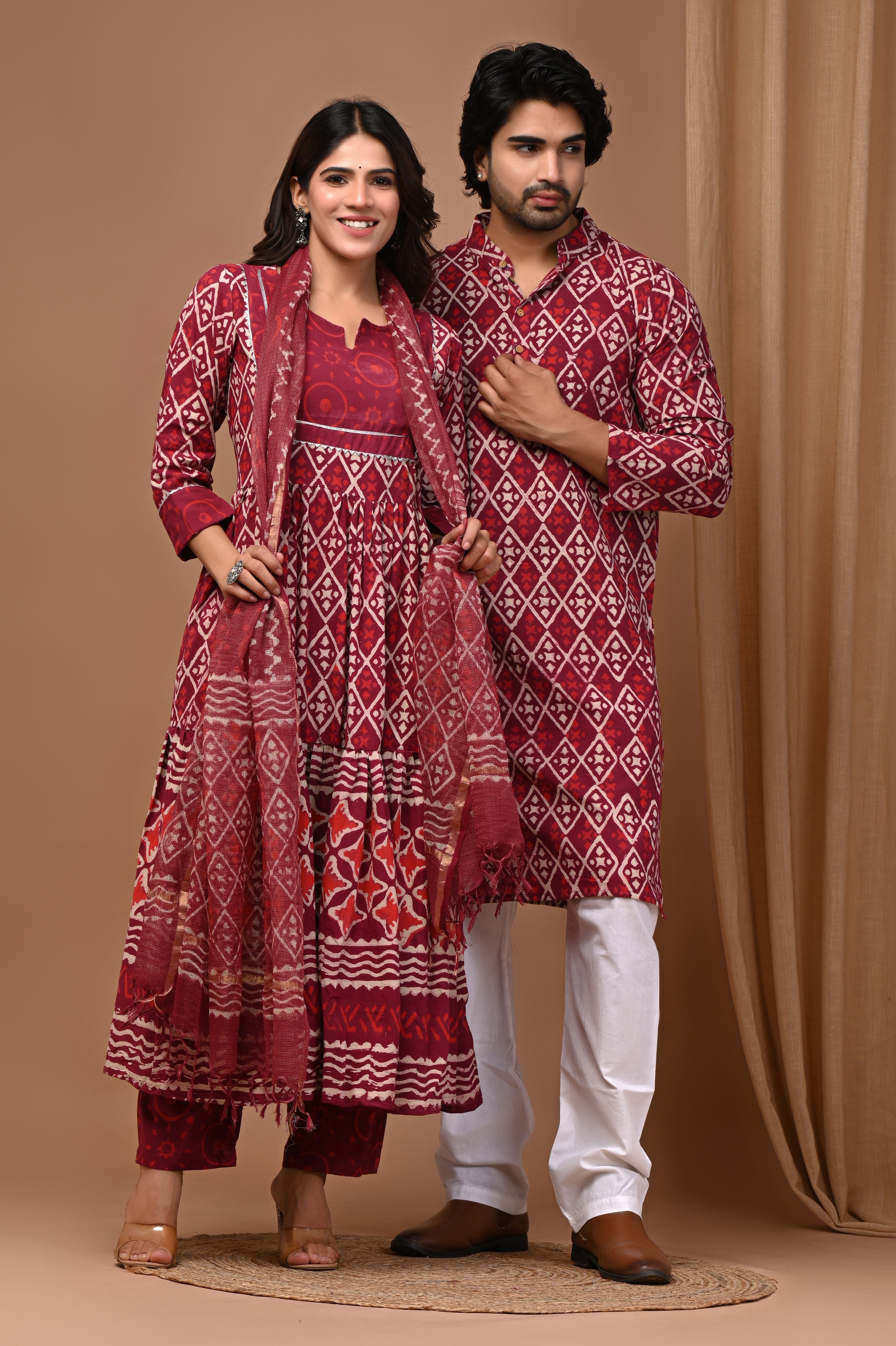 Deep Maroon Geometric Block Print Anarkali & Kurta Couple Set