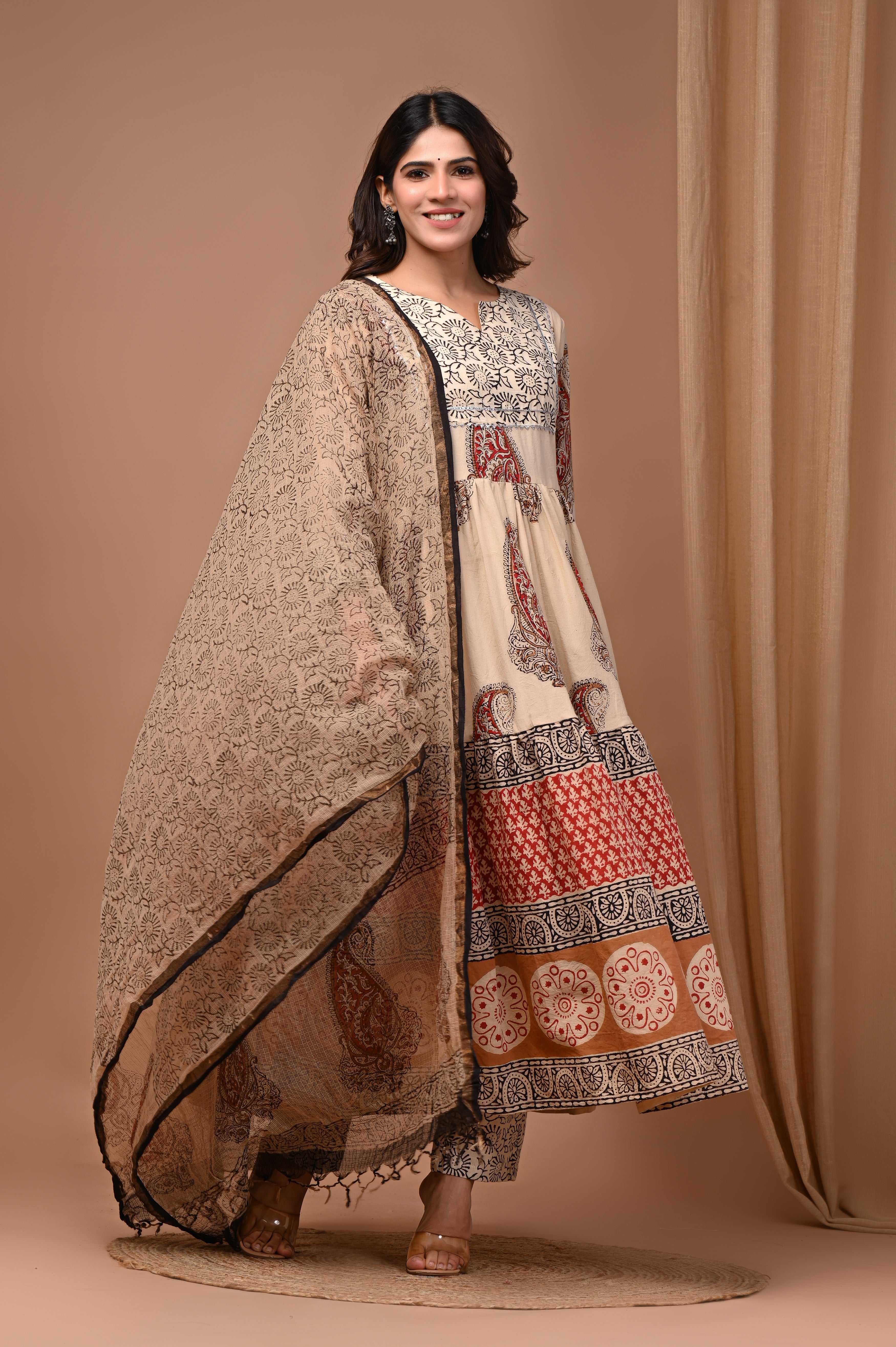 Pure Hand Block Printed Designer Anarkali with Kota Doriya Dupatta