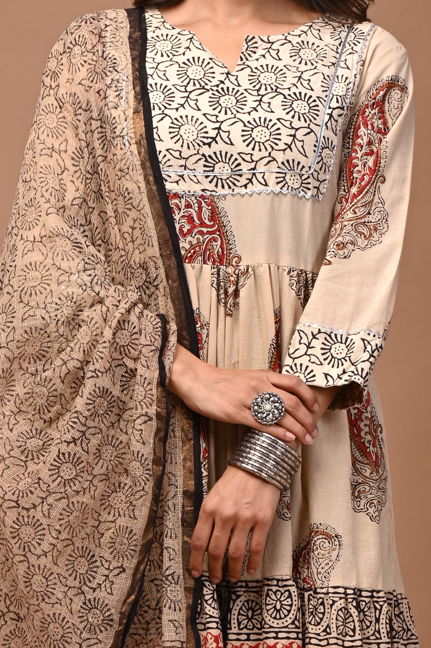 Pure Hand Block Printed Designer Anarkali with Kota Doriya Dupatta