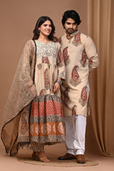 Beige & Crimson Paisley Hand Block Print Couple Combo