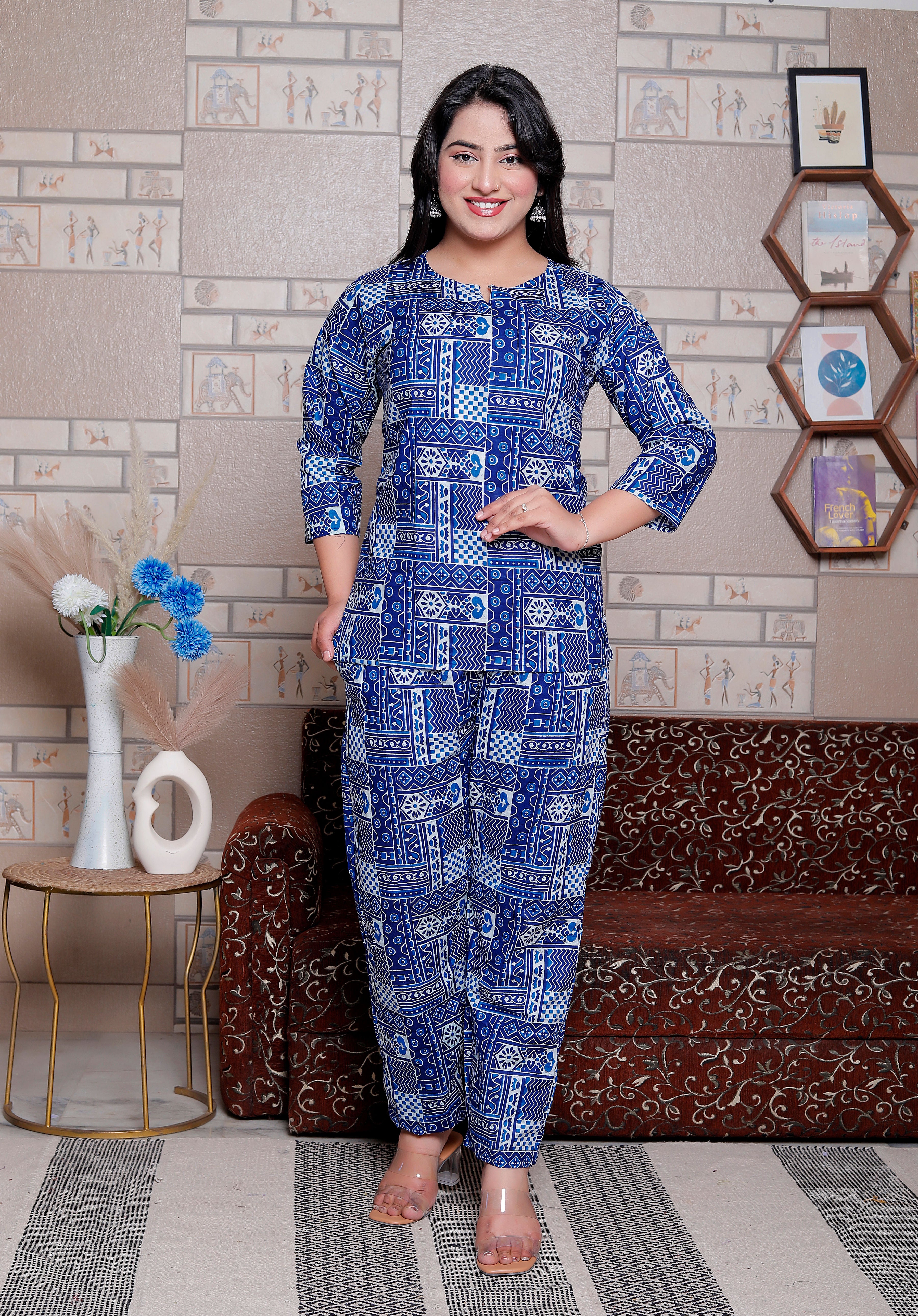 Jaipuri Block Printed Night Suit Set - Design 2