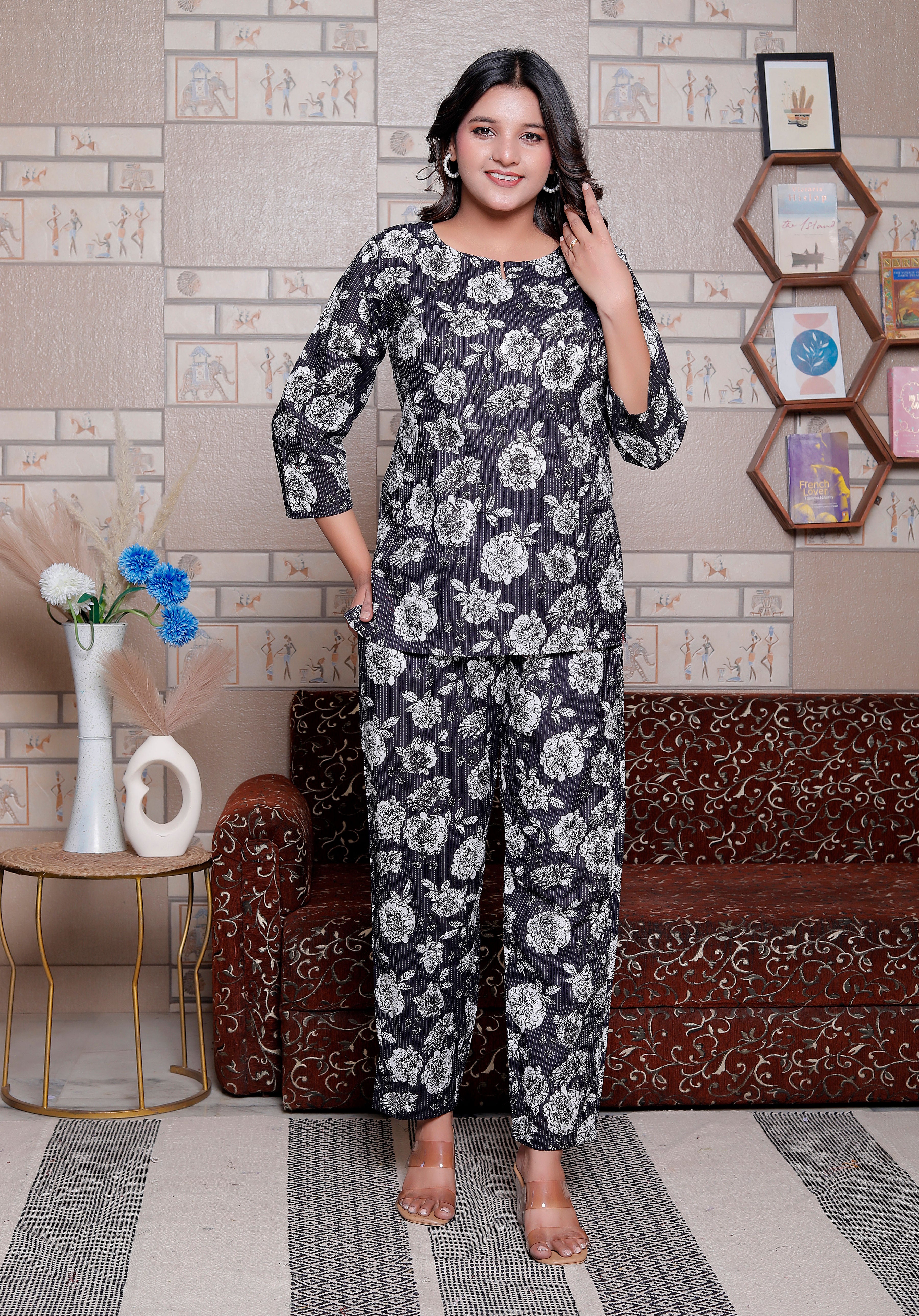 Jaipuri Block Printed Night Suit Set - Design 3