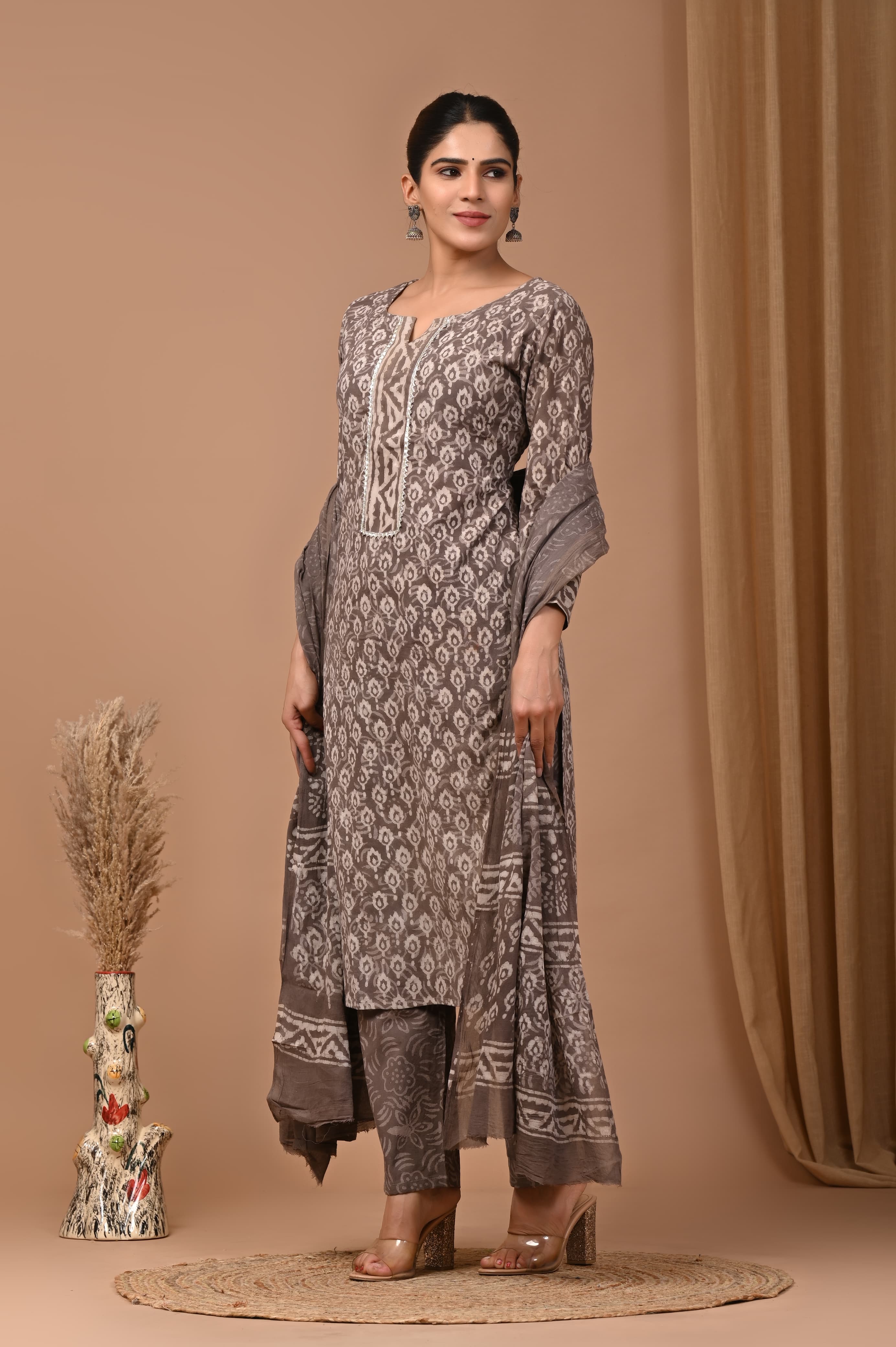Earthy Taupe Grey Pure Cotton Hand Block Printed Suit Set with MulMul Dupatta