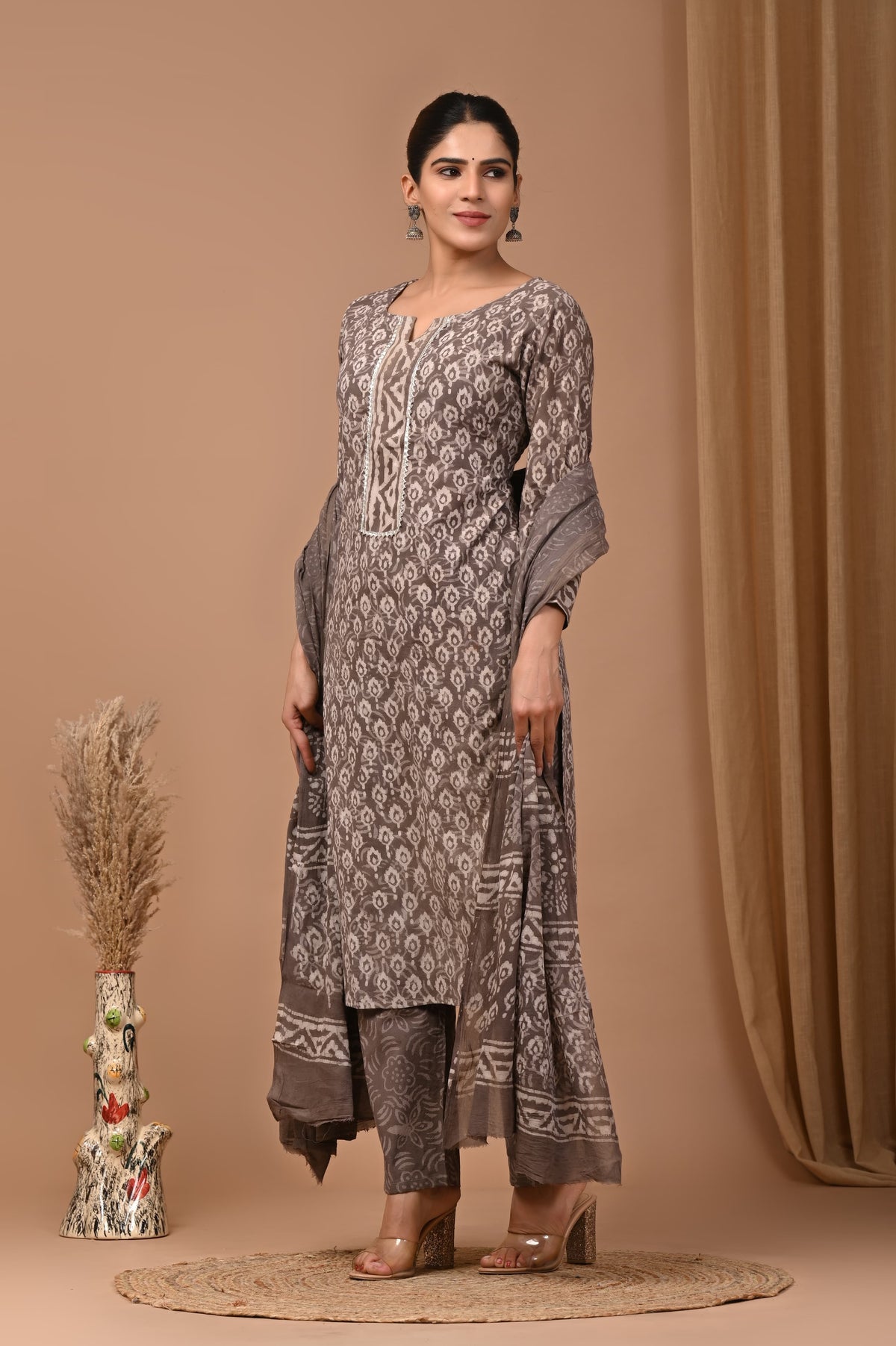 Earthy Taupe Grey Pure Cotton Hand Block Printed Suit Set with MulMul Dupatta