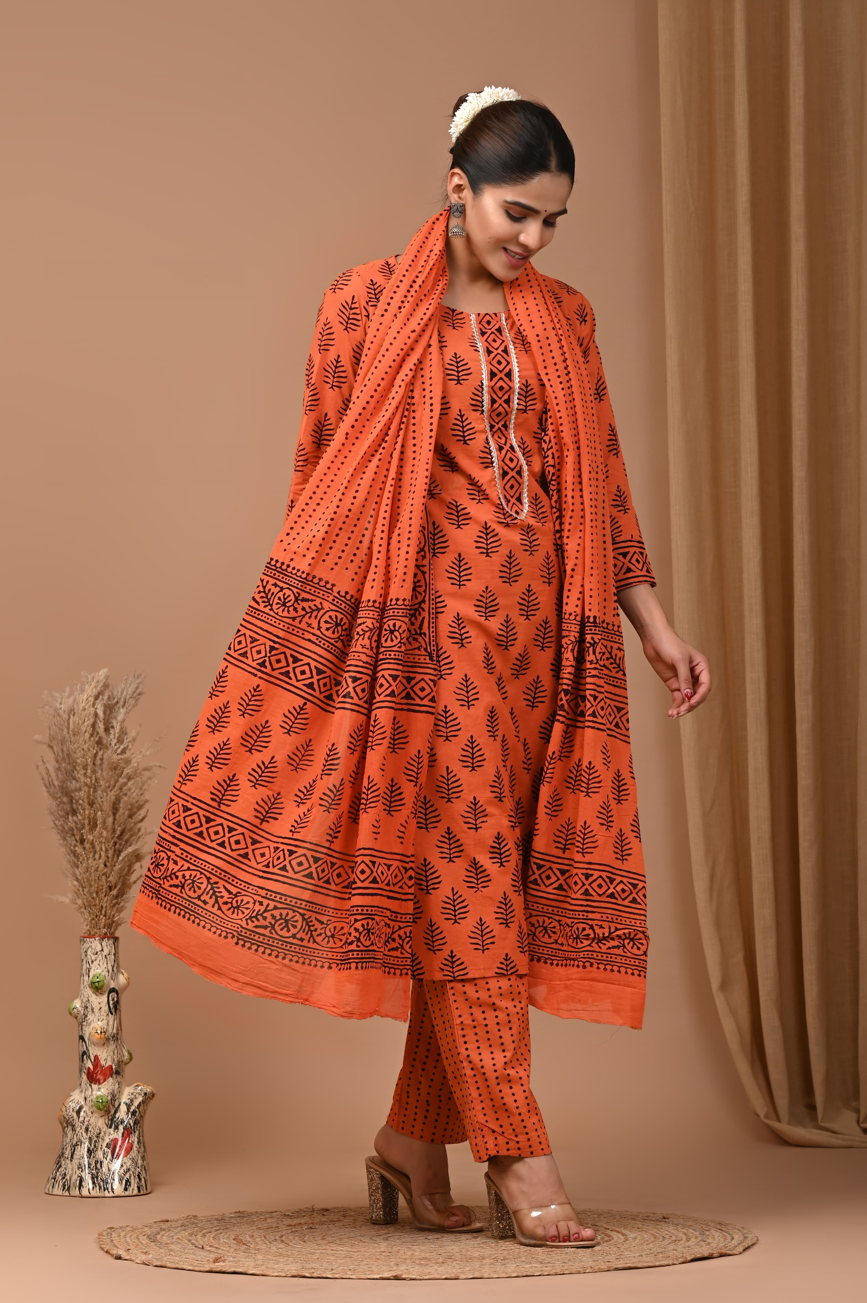 Bright Orange Pure Cotton Leaf Block Print Kurti Set with Soft MulMul Dupatta
