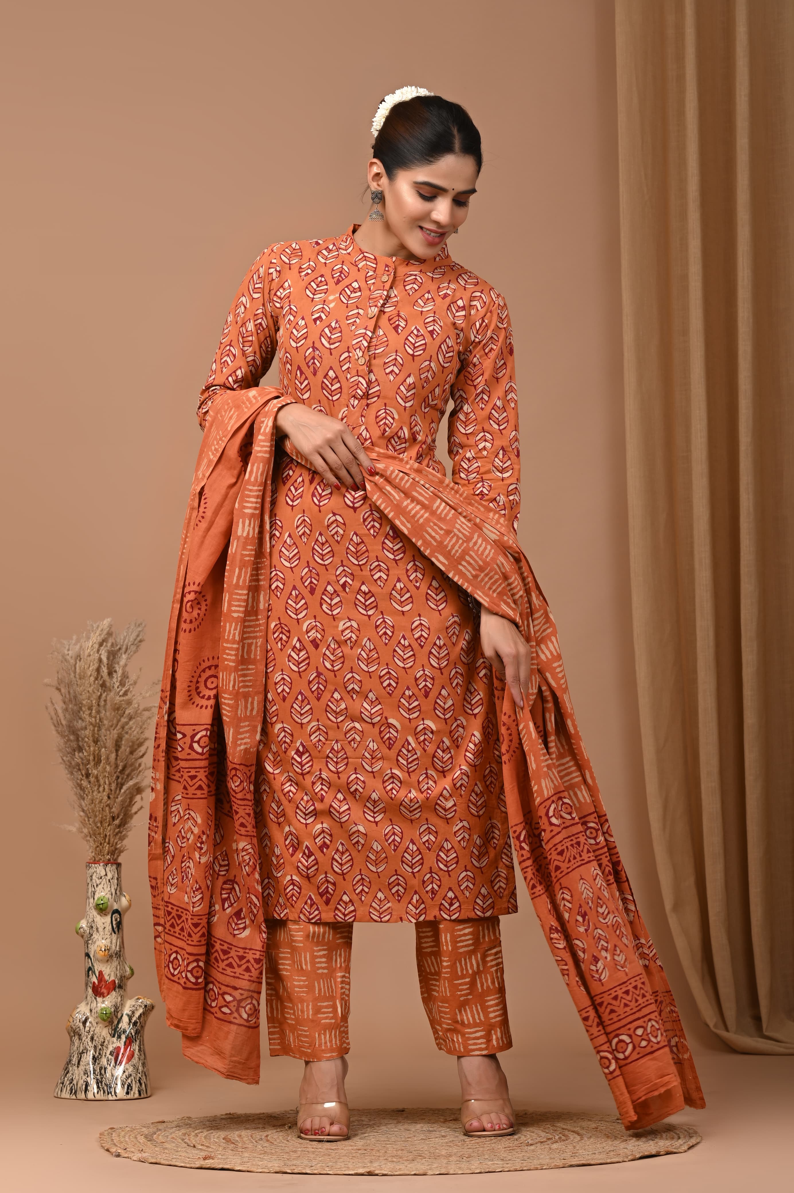 Terracotta Rust Pure Cotton Leaf Hand Block Print Kurti Set with MulMul Dupatta