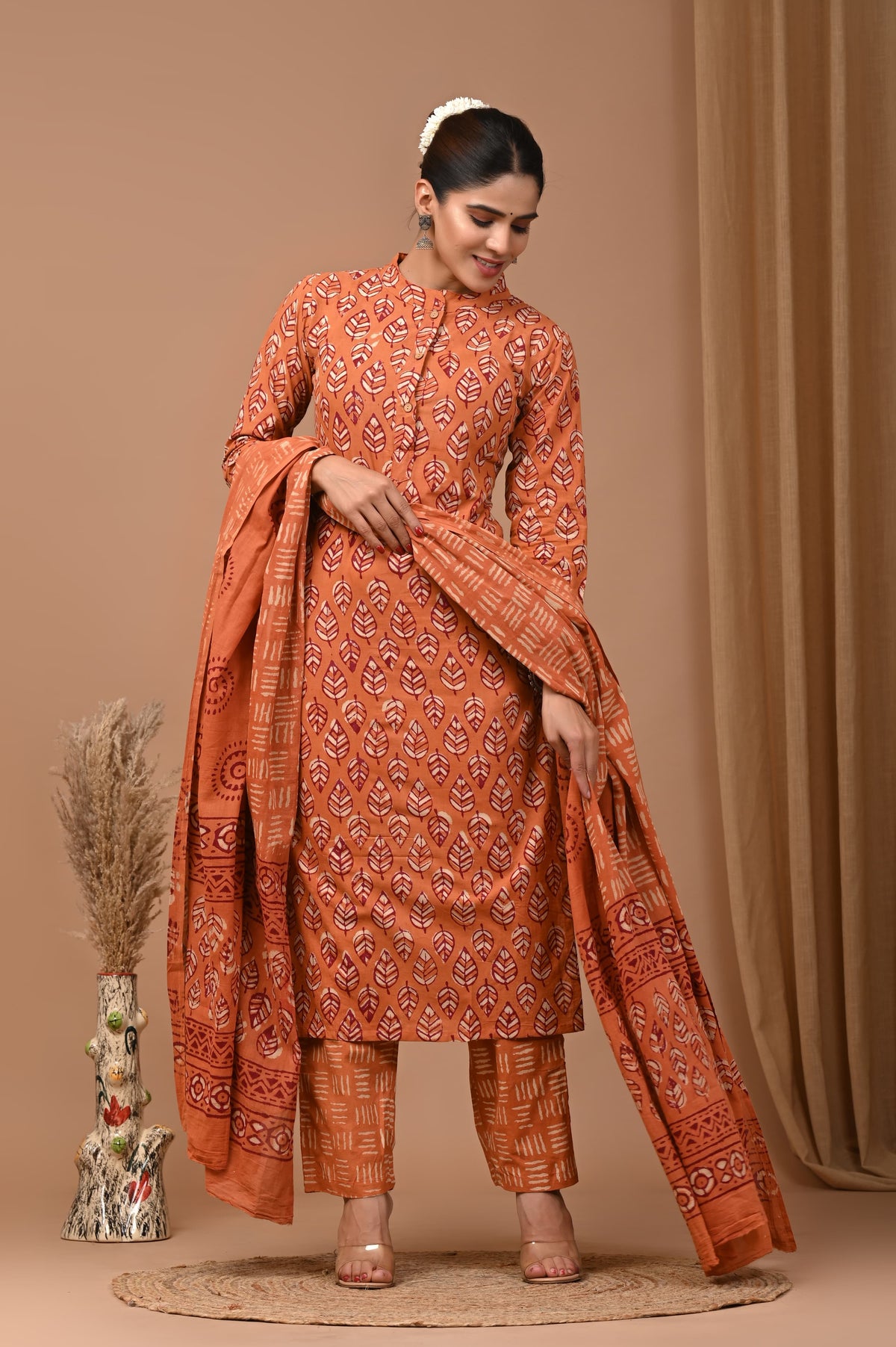 Terracotta Rust Pure Cotton Leaf Hand Block Print Kurti Set with MulMul Dupatta
