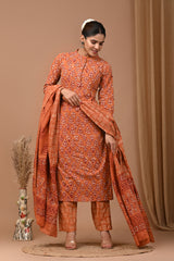 Terracotta Rust Pure Cotton Leaf Hand Block Print Kurti Set with MulMul Dupatta